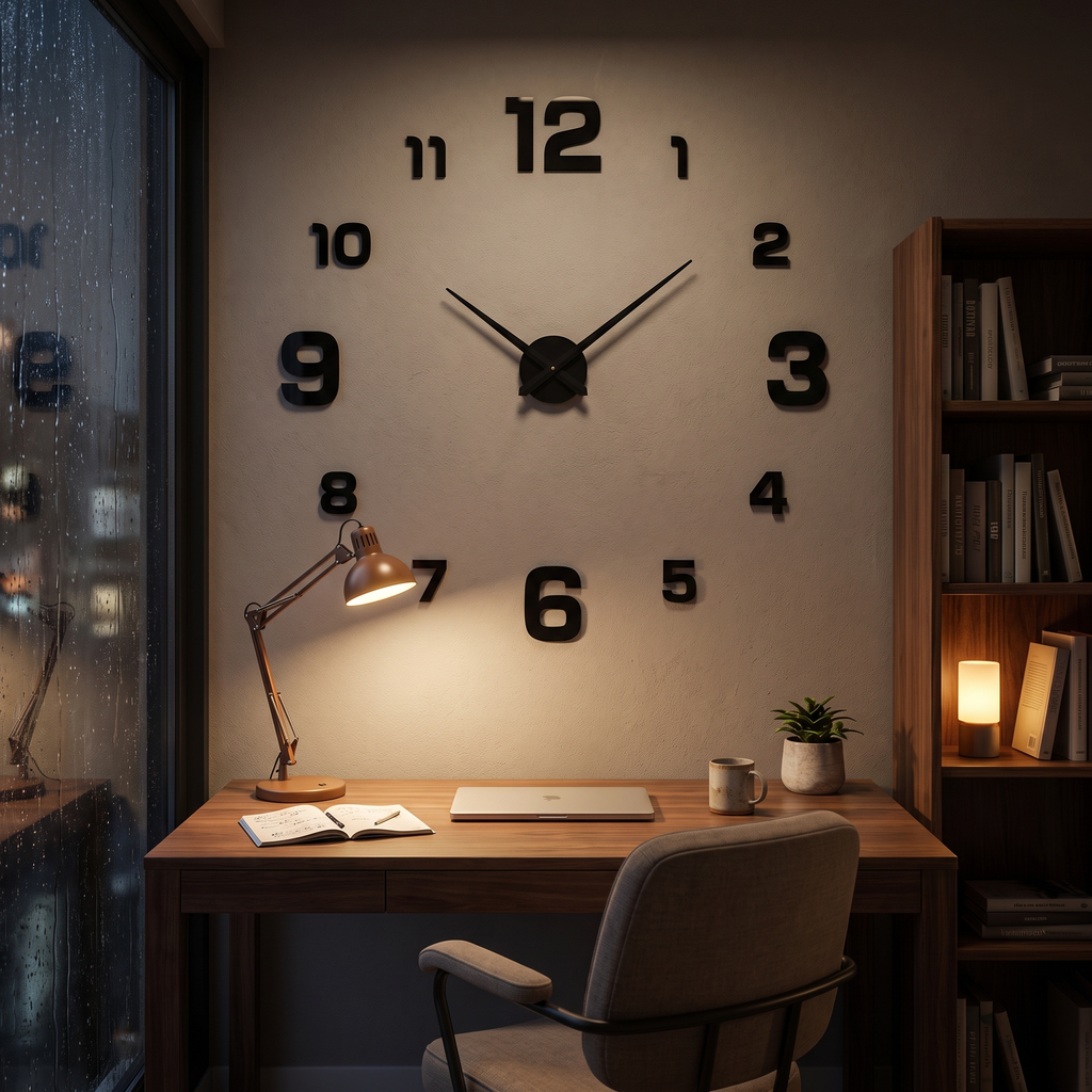 Frameless DIY wall clock above a home office desk