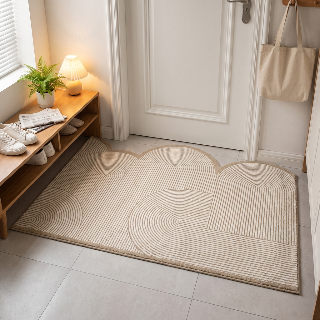 Washable arch pattern door mat in a bright entryway