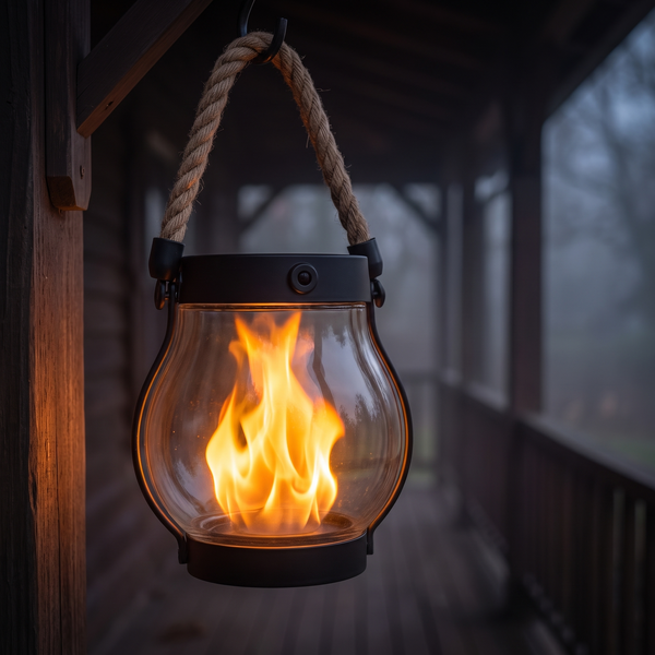 Solar flame effect lantern hanging on a dark porch at dusk
