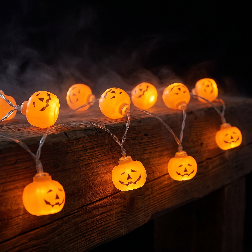 Pumpkin LED Halloween string lights draped on a dark mantel