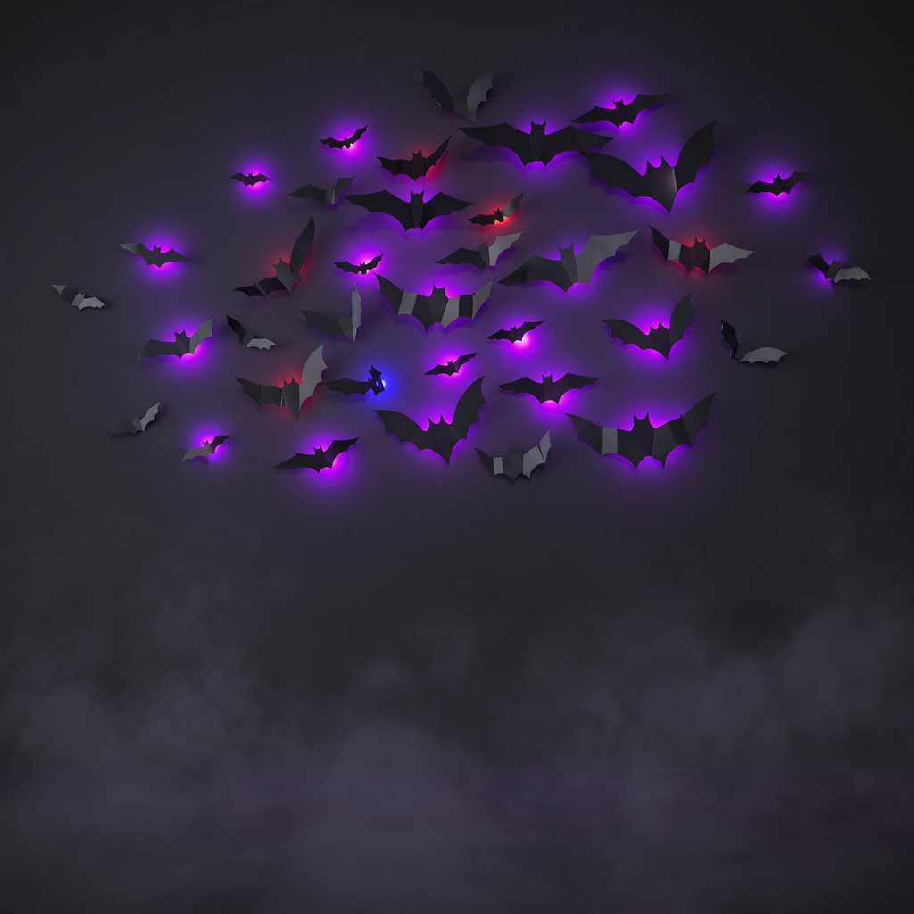 3D bat wall decor with purple LED backlight on a dark wall