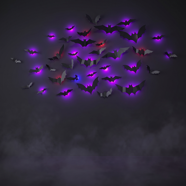 3D bat wall decor with purple LED backlight on a dark wall