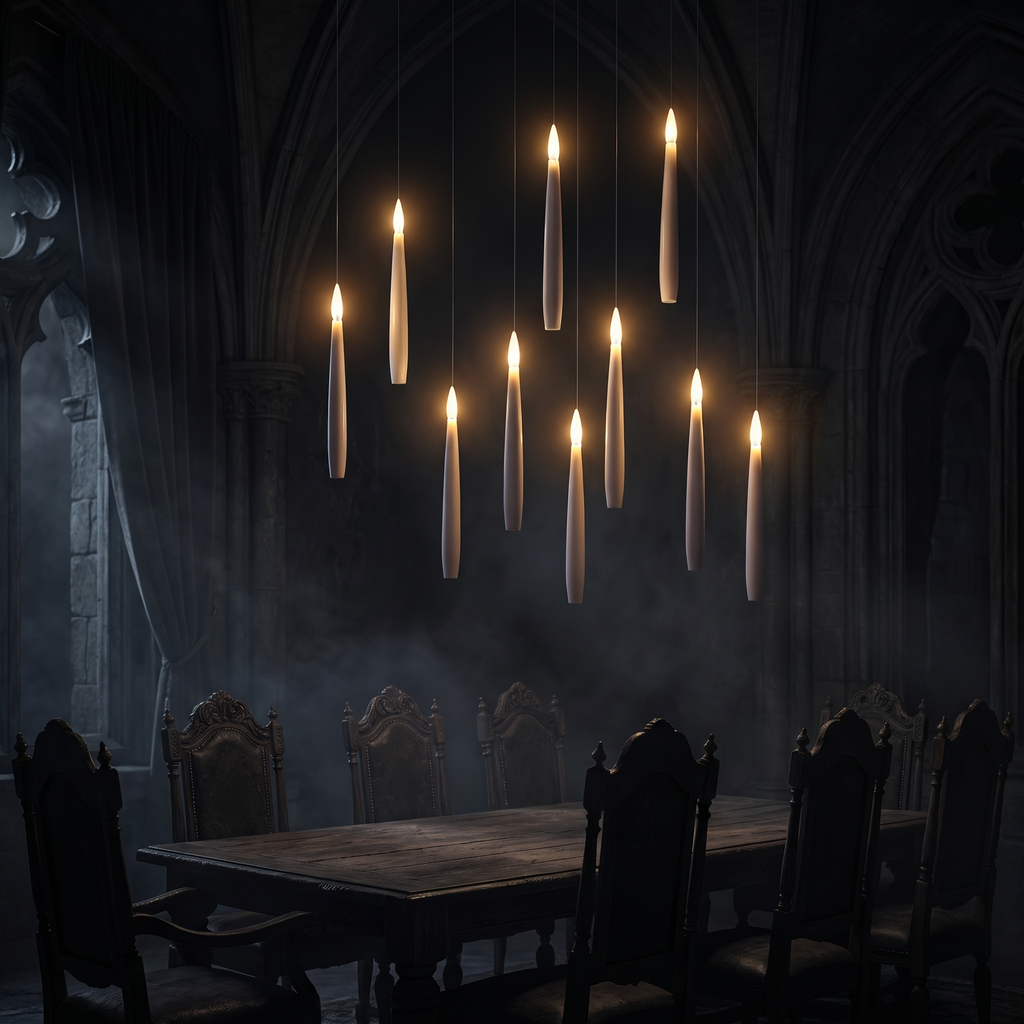 Floating LED candles suspended over a dark dining table