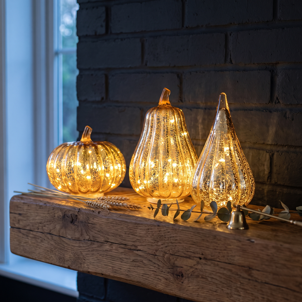 Three hand blown mercury glass pumpkin lamps glowing on an oak fireplace mantel