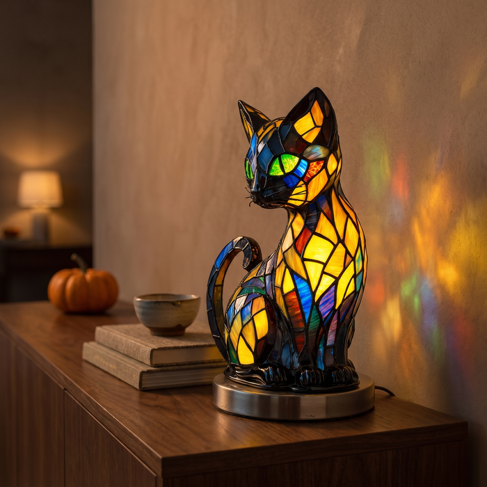 Cat Lamp, Stained Glass Night Light, Black Cat Table Lamp, 6.7 Inch