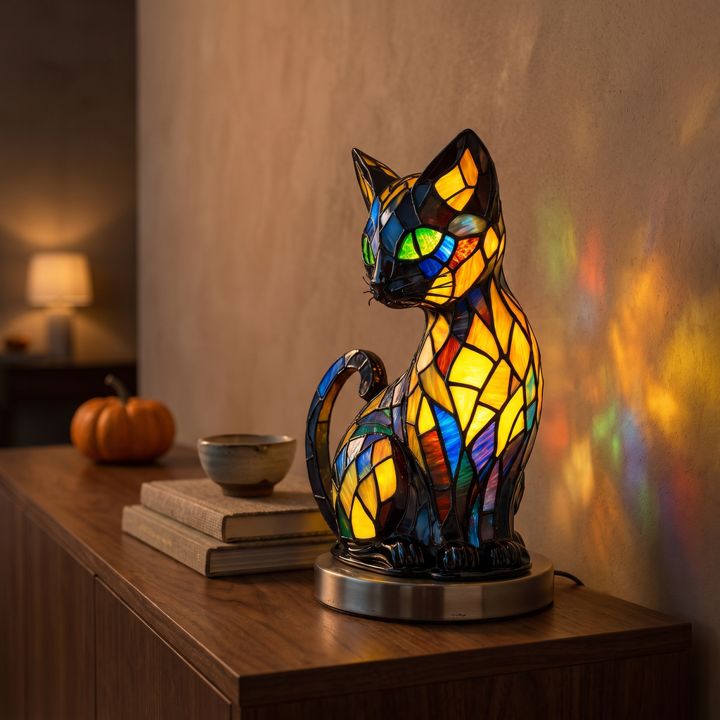 Stained glass cat lamp glowing on a walnut console, colored light on the wall behind