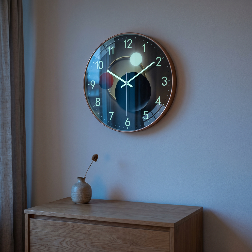 Luminous LED wall clock glowing on a modern living room wall at dusk