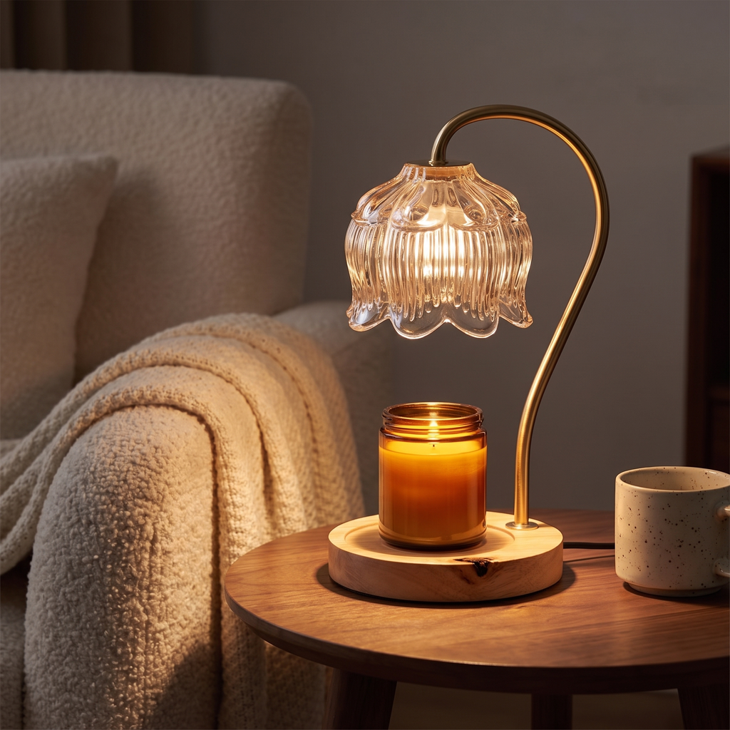 Candle warmer lamp glowing over a jar candle on a living room side table
