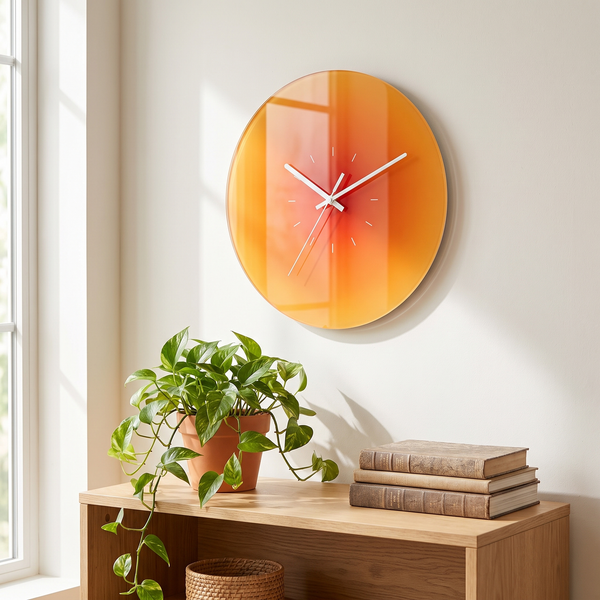 Sunset gradient wall clock casting warm glow above a minimalist desk