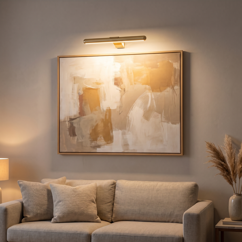 Gold cordless picture light 15.7 inch lit above framed abstract art in a living room