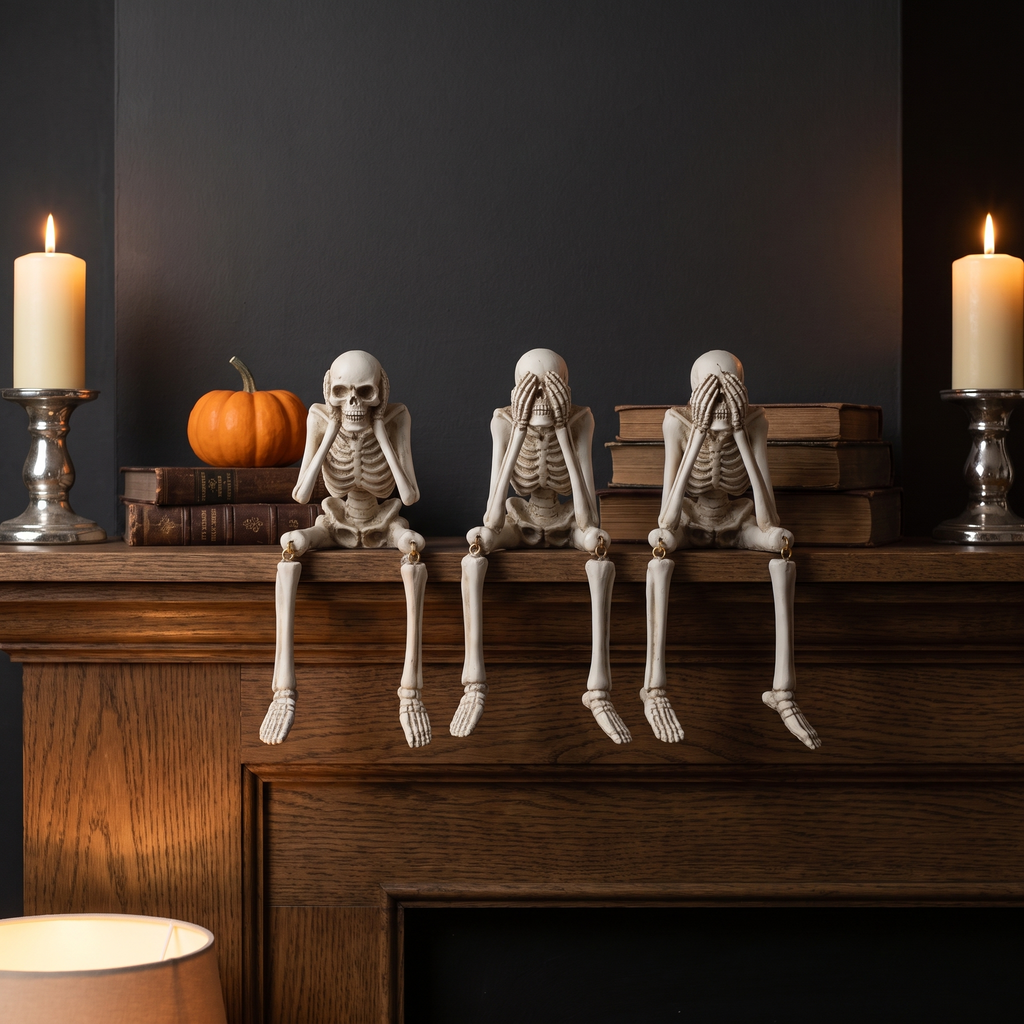 Three skeleton shelf sitter figurines on a fireplace mantel, hands over mouth, eyes and ears