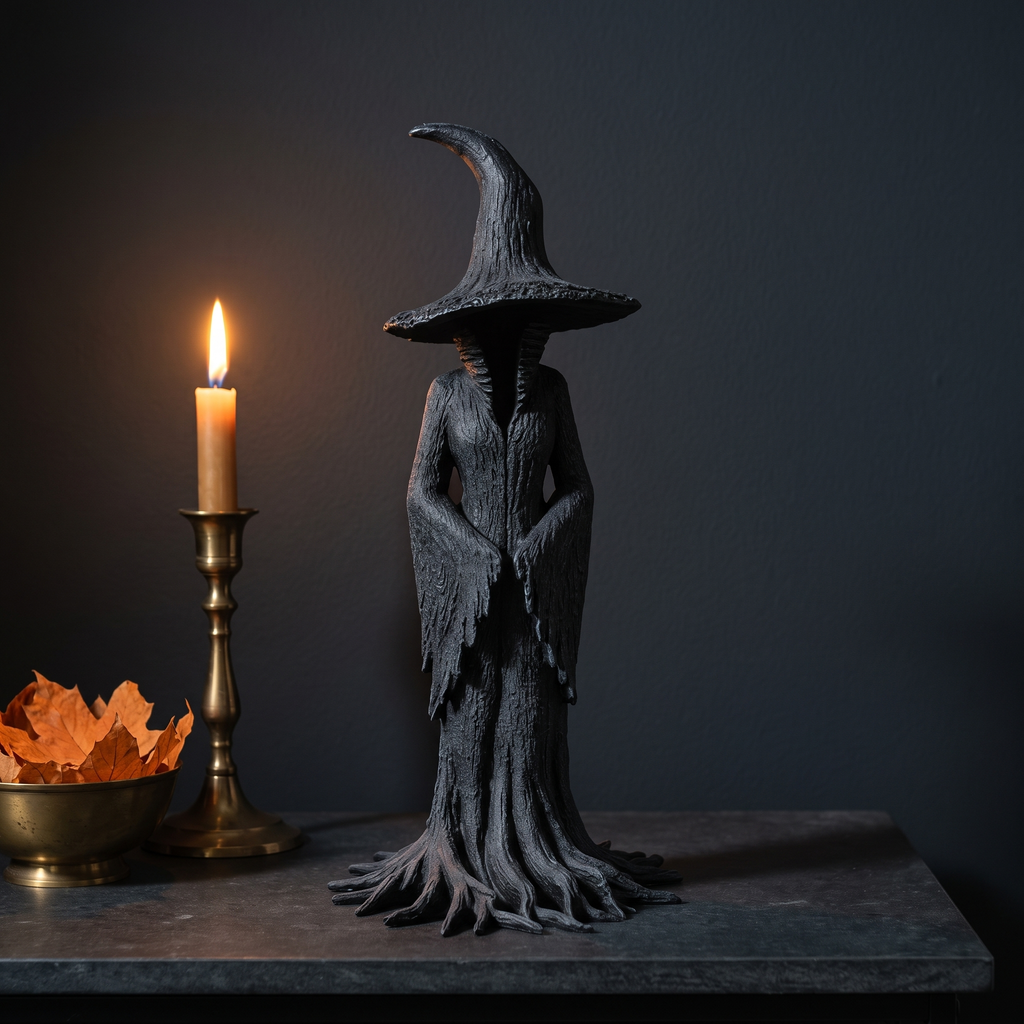 Black bark textured witch figurine beside a lit brass candlestick on a stone console