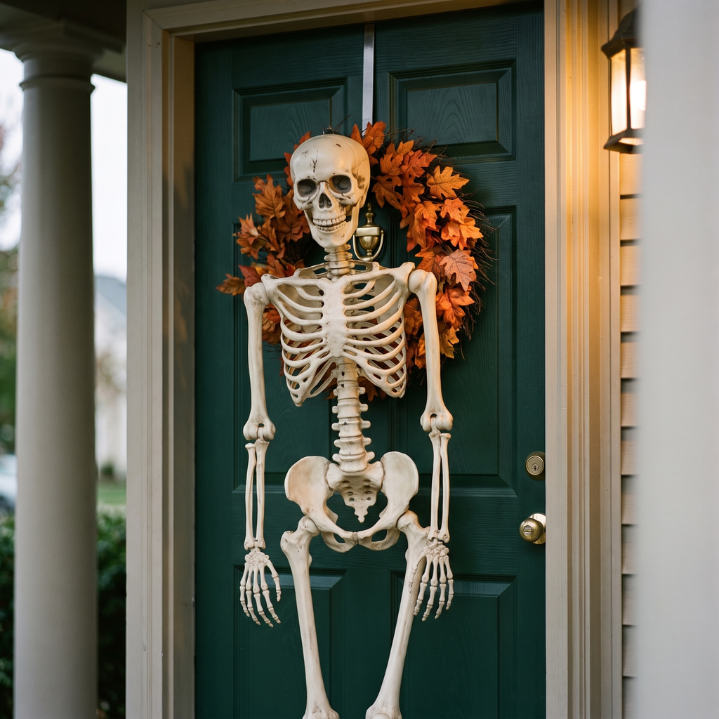 Full body posable Halloween skeleton hanging on a green front door with an autumn wreath