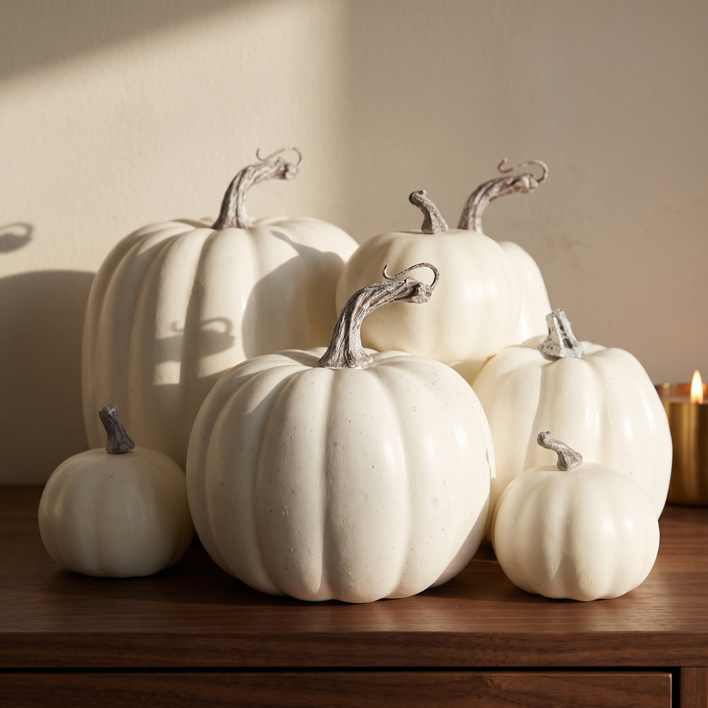 Set of seven white decorative foam pumpkins on a walnut console in warm afternoon light