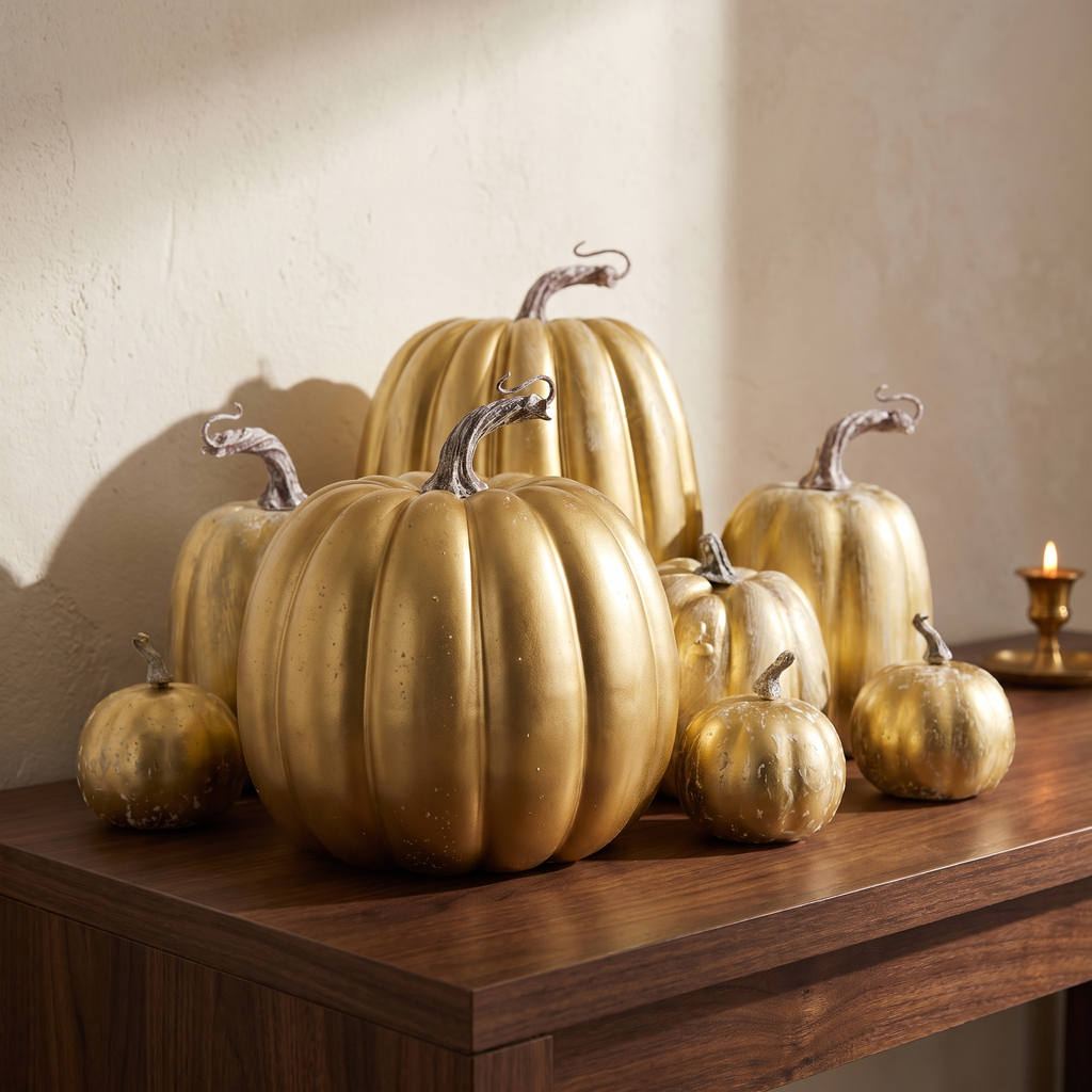 Set of seven gold decorative foam pumpkins on a walnut console in warm afternoon light