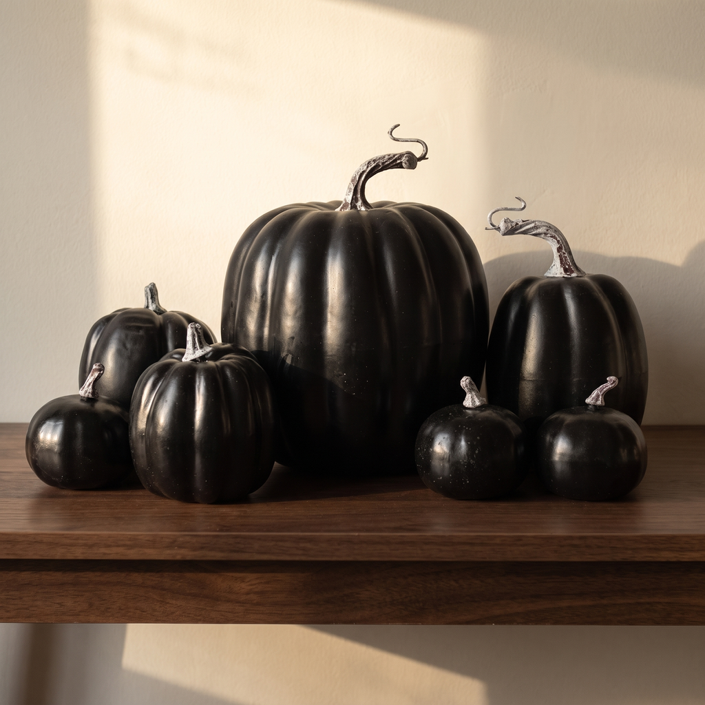 Set of seven black decorative foam pumpkins on a walnut console in warm afternoon light