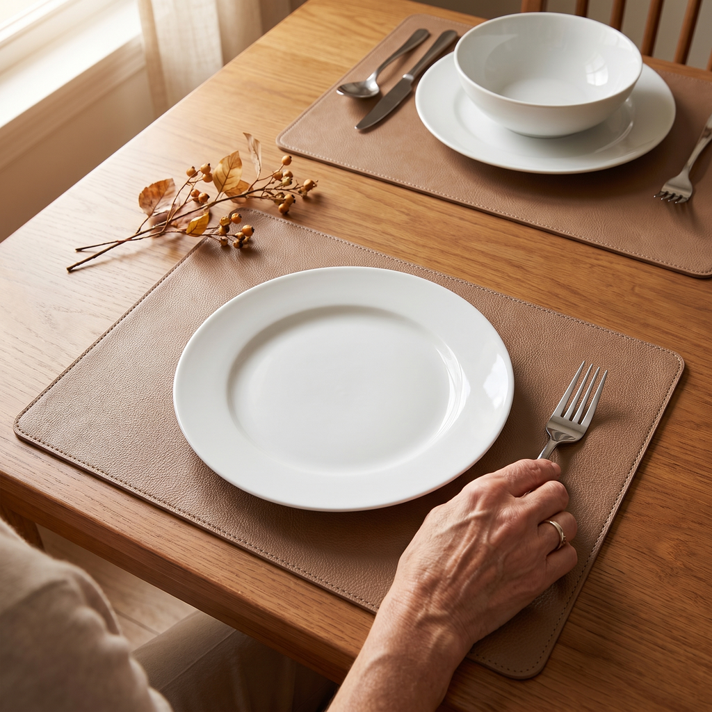 Light coffee leather placemats with dinner plates on a wooden table