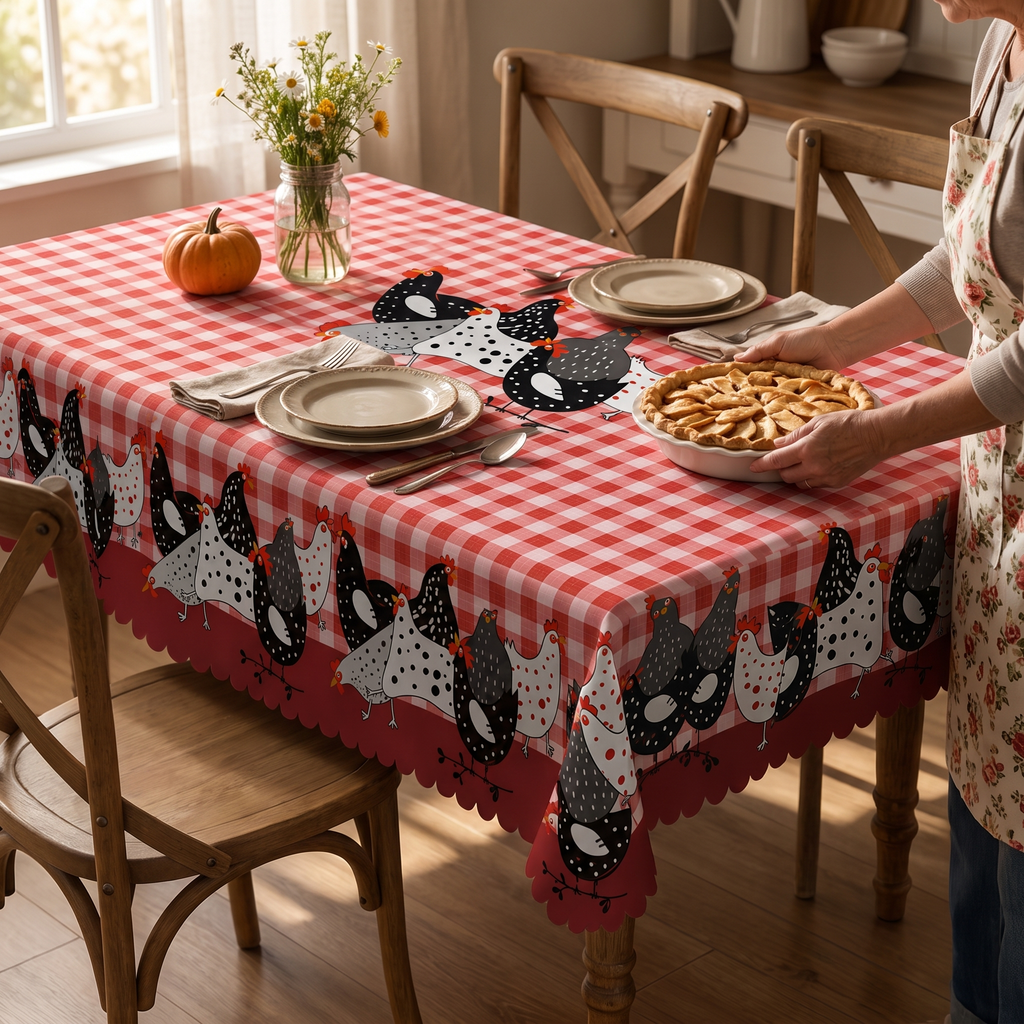Red plaid rooster tablecloth on a farmhouse dining table set for Thanksgiving