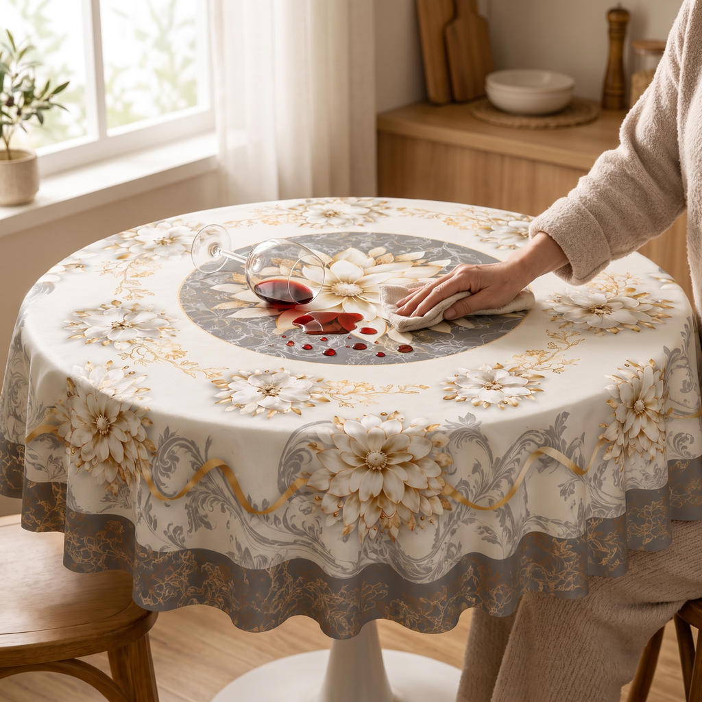 Waterproof gold floral tablecloth on a round kitchen table being wiped clean