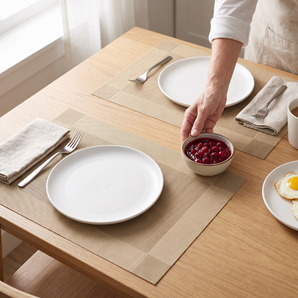 Beige woven placemats with dinner plates on a kitchen table