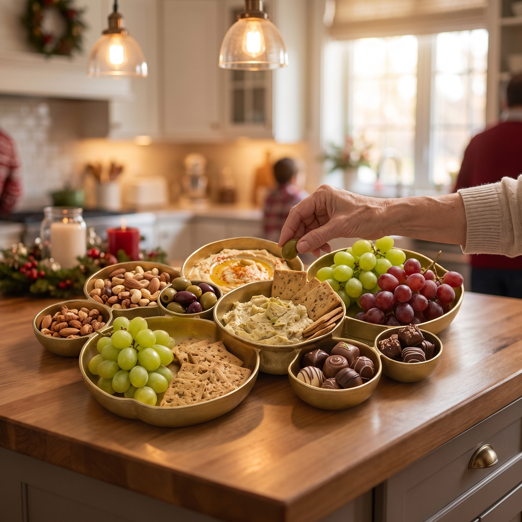 Gold nine bowl serving tray filled with holiday snacks on a kitchen island
