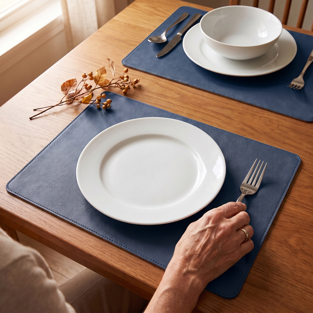 Blue leather placemats with dinner plates