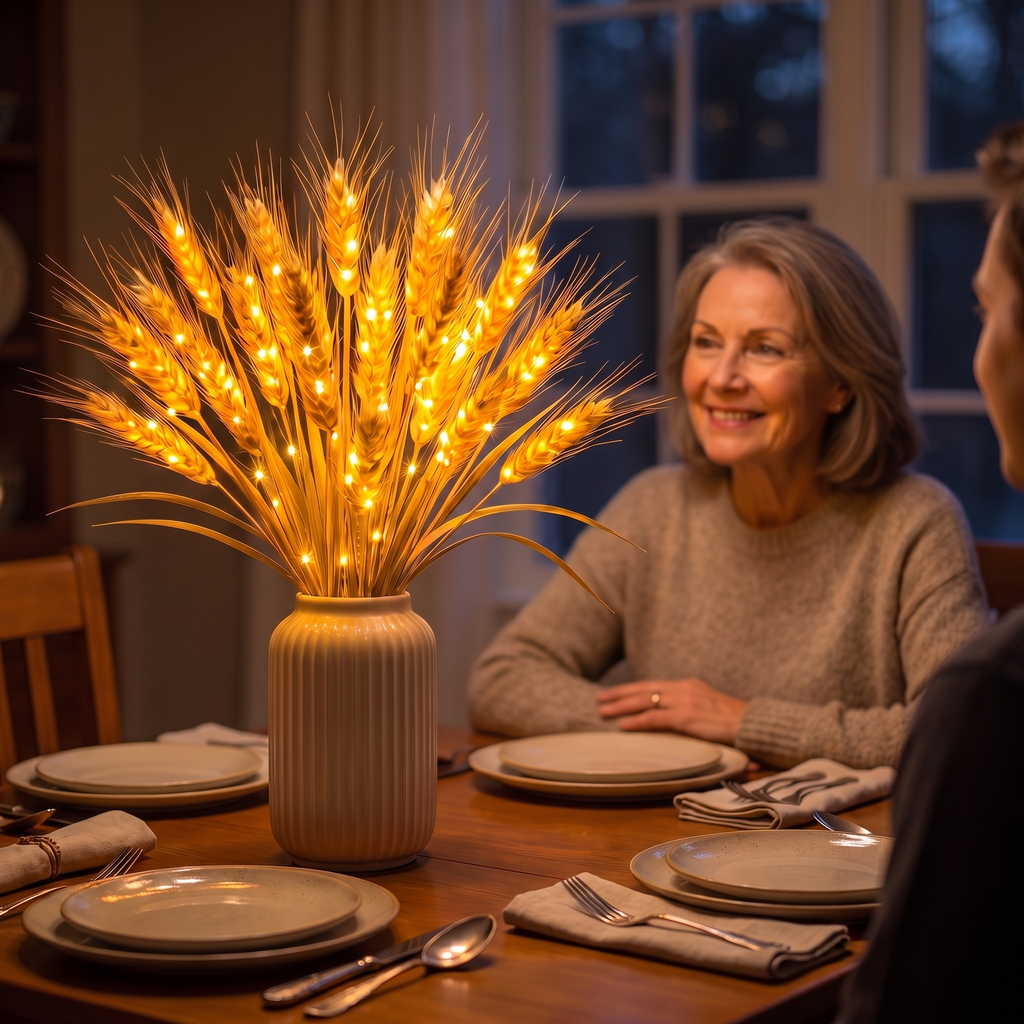 Lighted wheat centerpiece glowing on a Thanksgiving dinner table