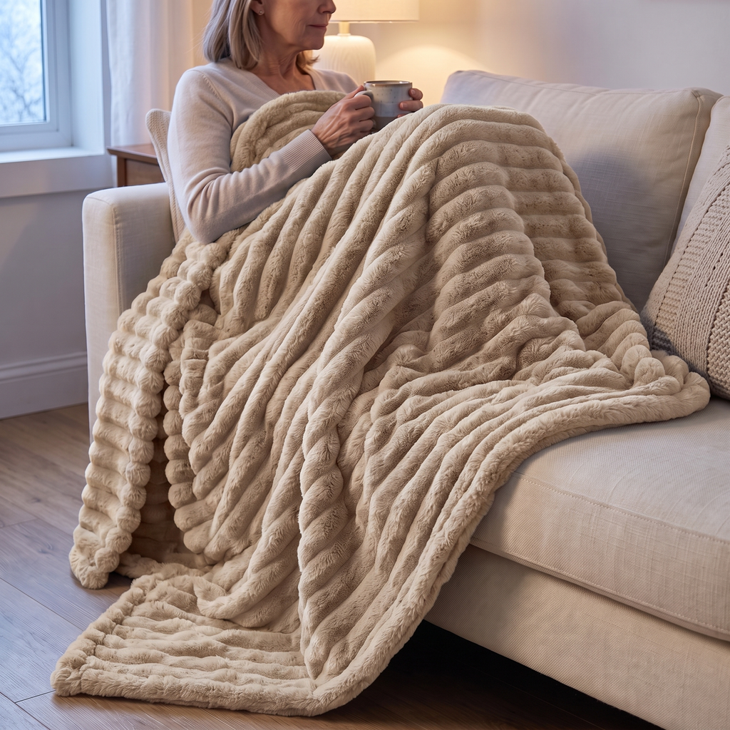 Beige plush throw blanket over a woman's lap on a sofa
