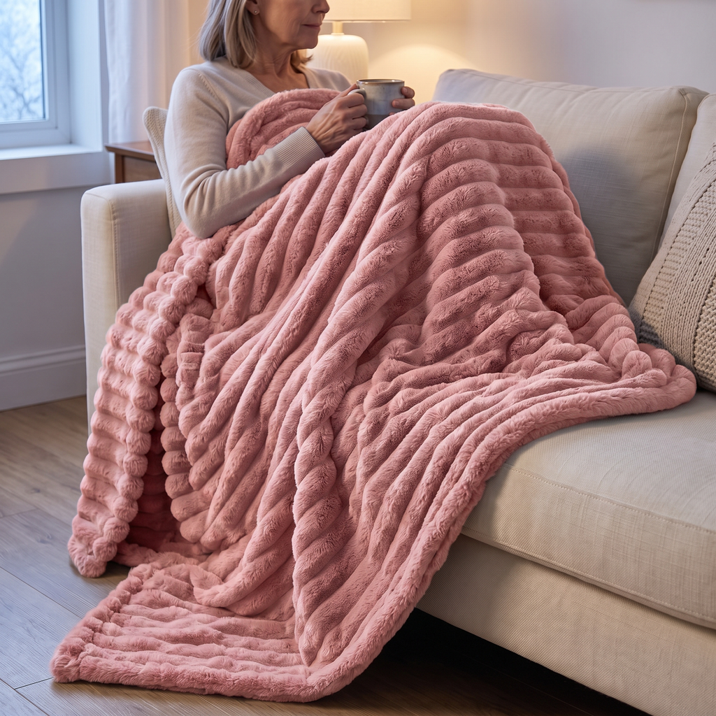Pink plush throw blanket over a woman's lap on a sofa