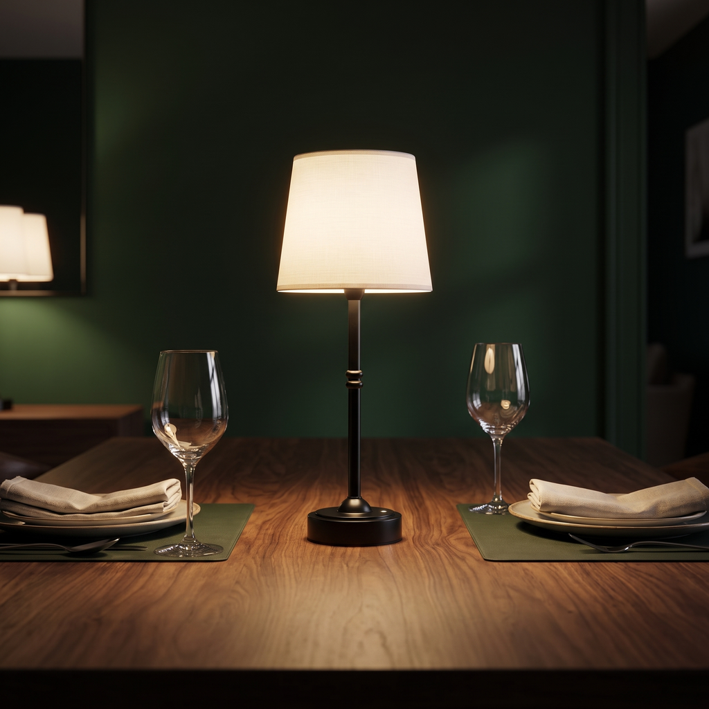 Rechargeable cordless table lamp lighting a reading corner