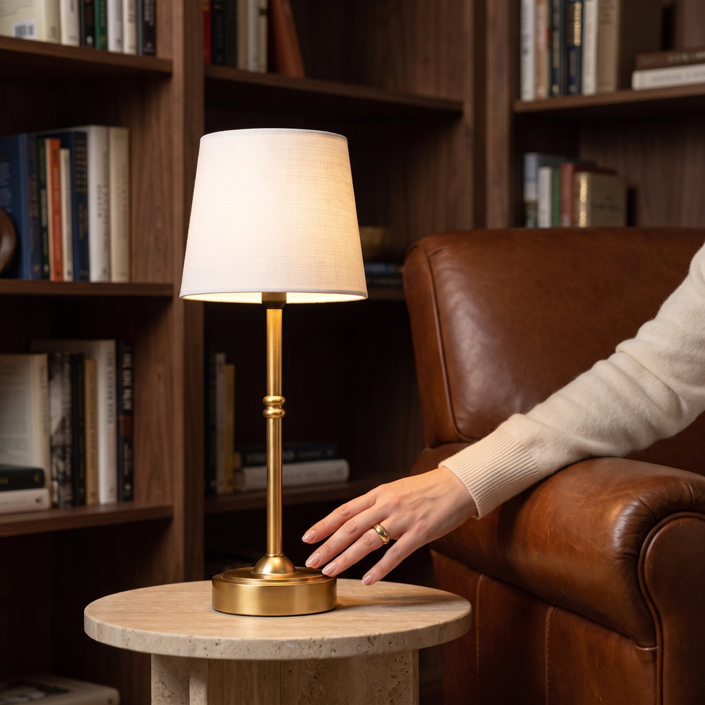 Battery operated table lamp with shade on a dining console