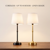 Cordless table lamp, up to 8 hours, linen shade, black and gold