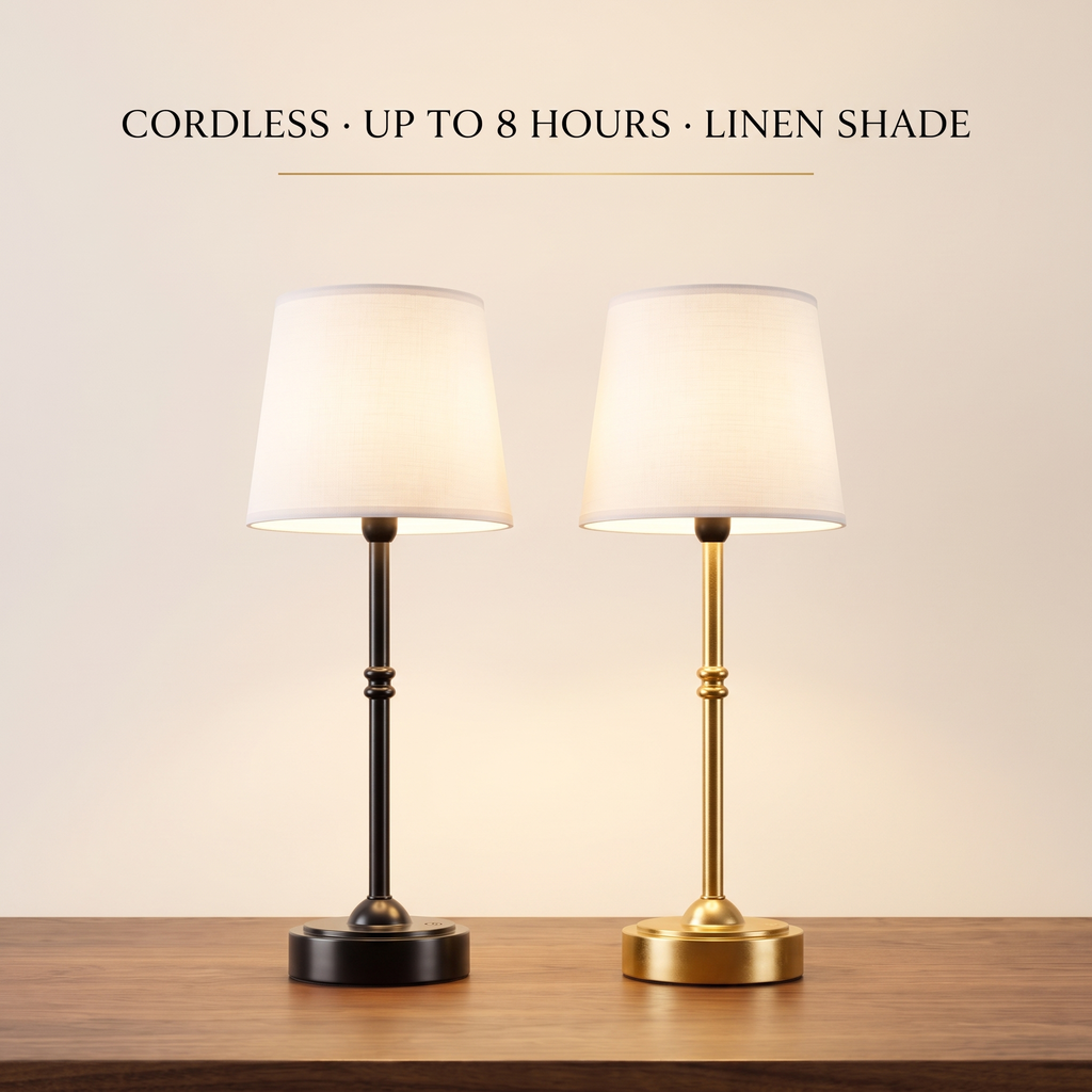 Cordless table lamp, up to 8 hours, linen shade, black and gold