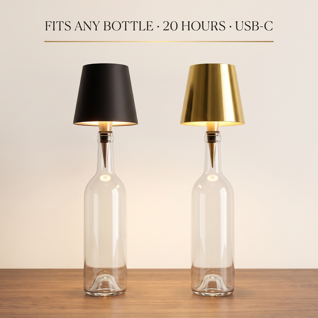 Bottle lamp fits any bottle, 20 hours, USB-C