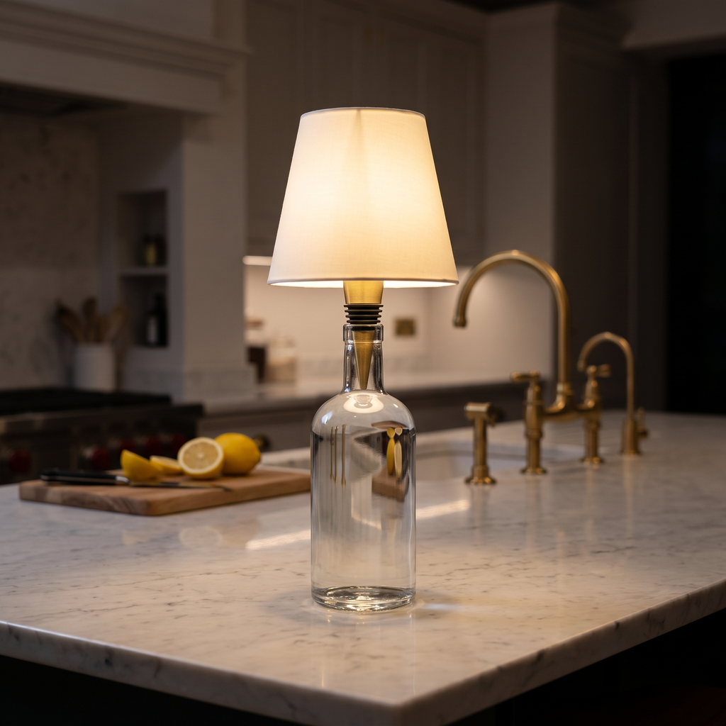 Cordless bottle lamp, white shade, on a marble kitchen island