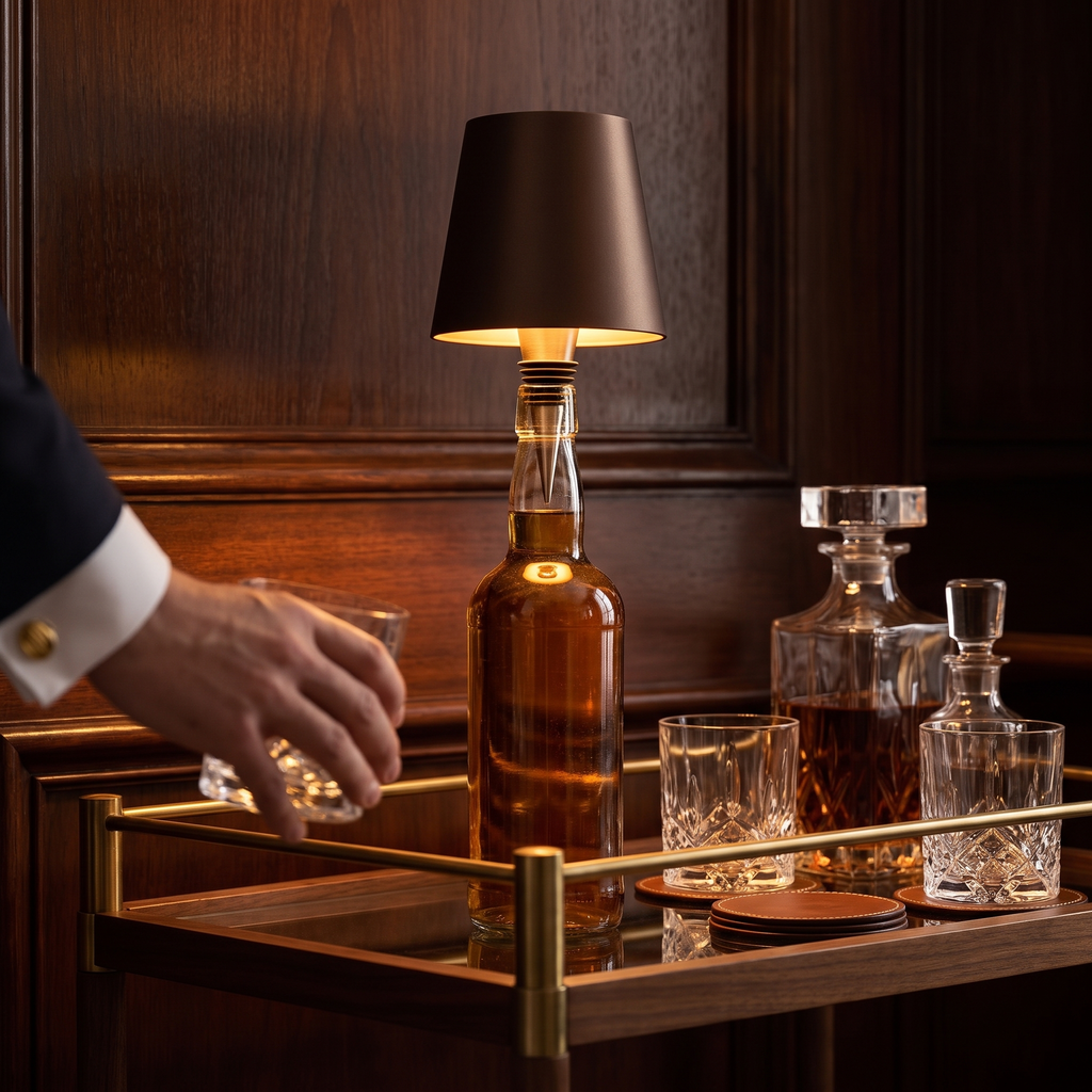 Bottle light, brown shade, on a bar cart
