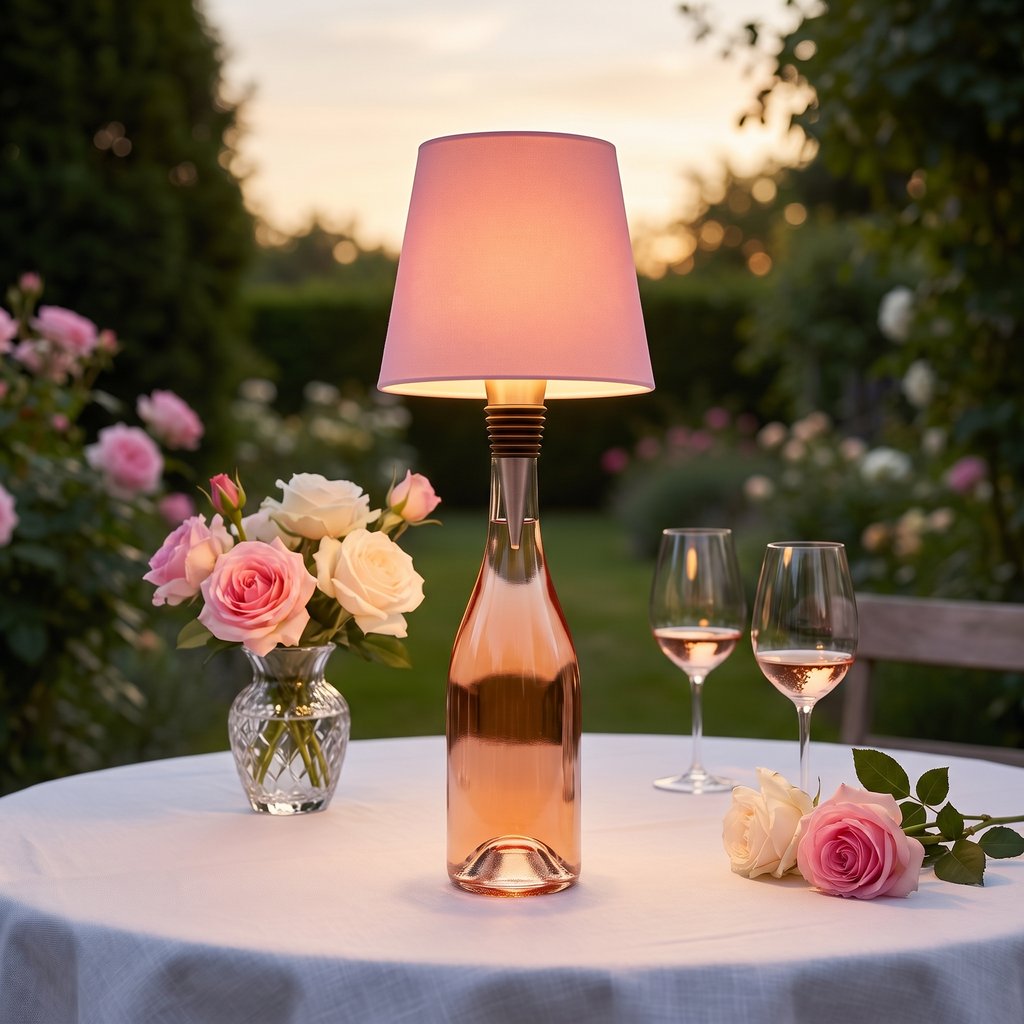 Bottle lamp, pink shade, on a garden table at sunset