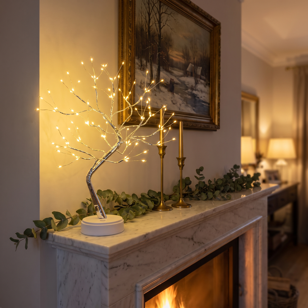 LED tree lamp glowing on a Christmas mantel