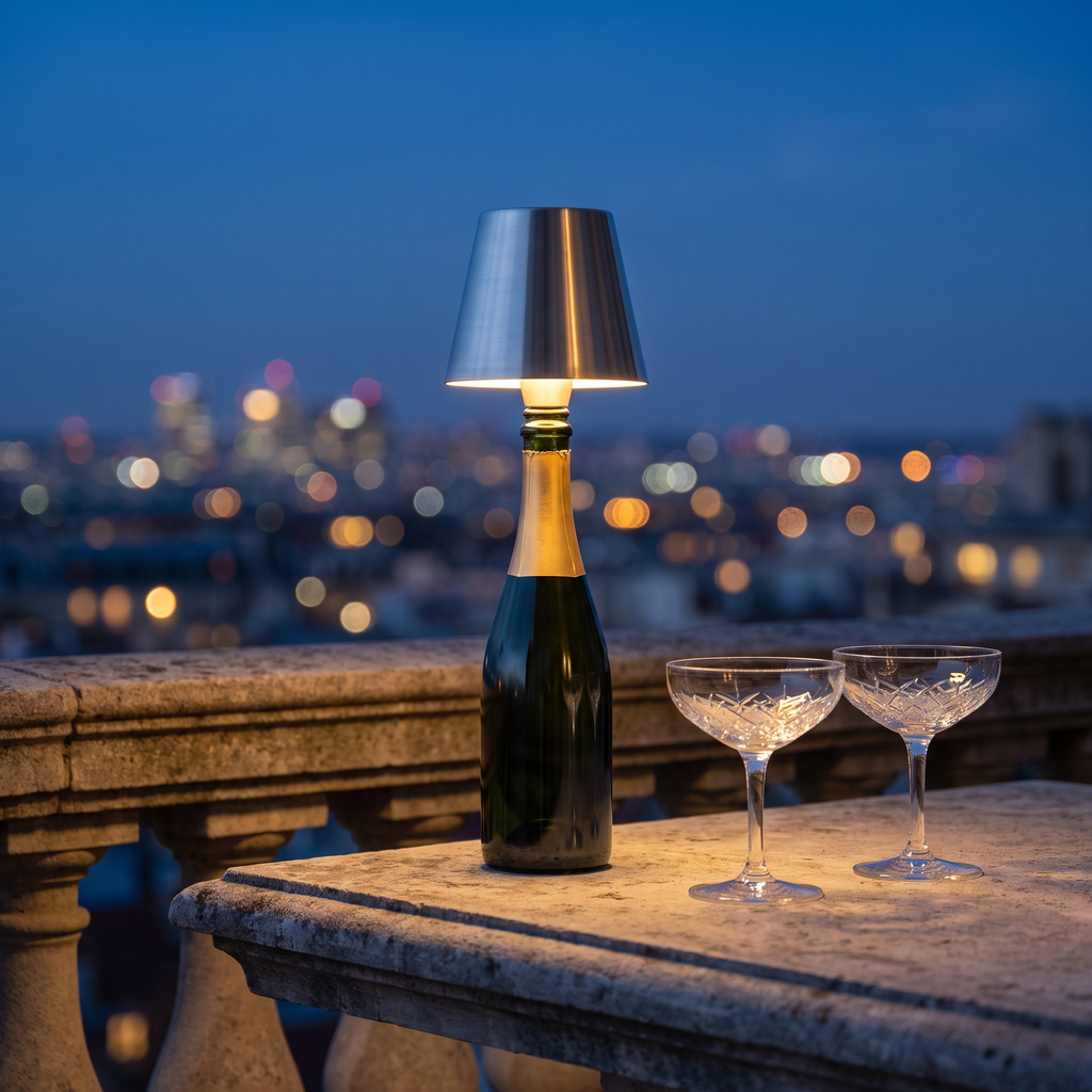 Rechargeable bottle lamp, silver shade, on a terrace at night
