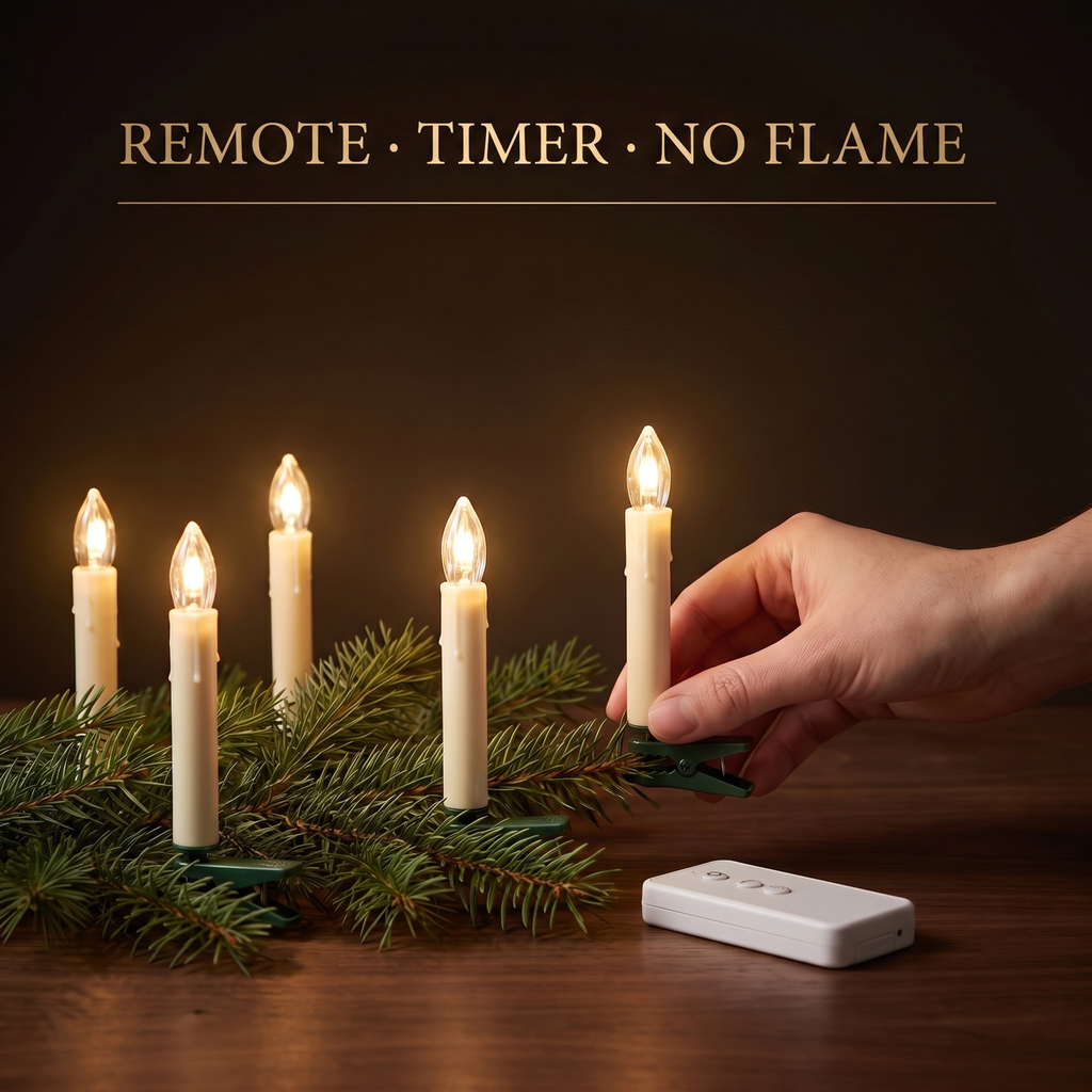 Clip-on LED Christmas candles with remote and timer, no flame