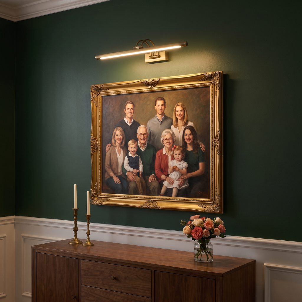 Brass cordless picture light lit above a family portrait painting in a green dining room