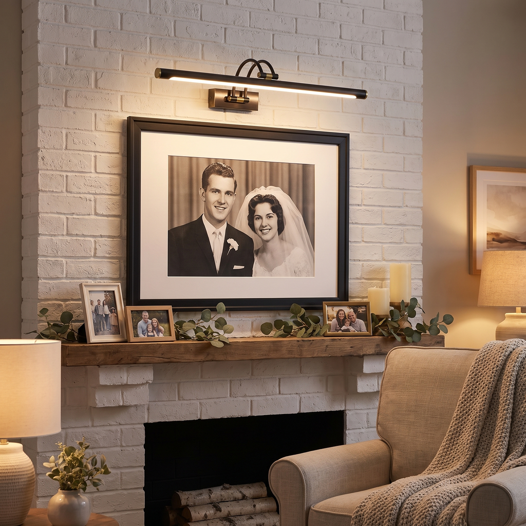 Black picture light with brass accents above a framed wedding photo over a fireplace