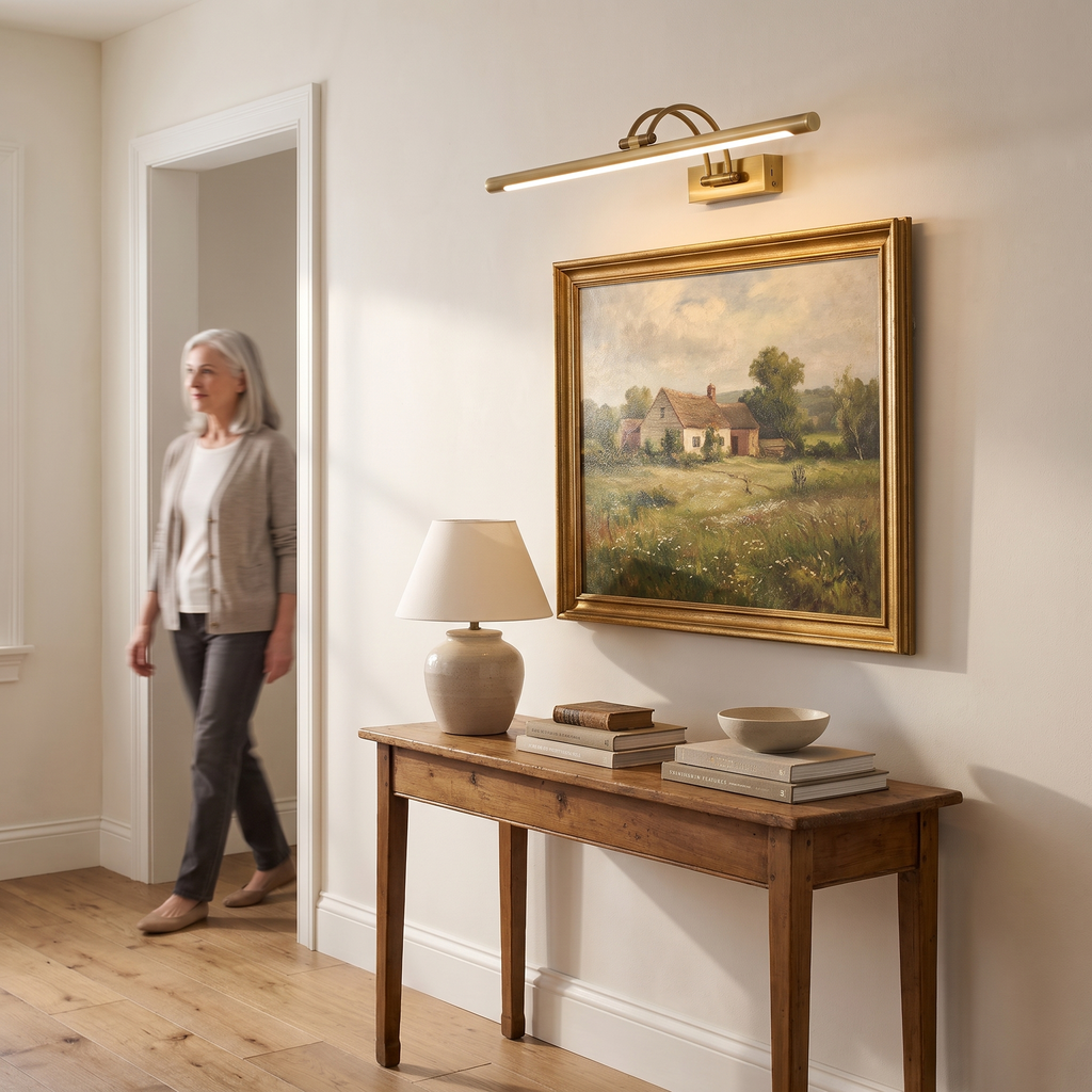 Brass picture light above a countryside landscape painting in an entry hallway