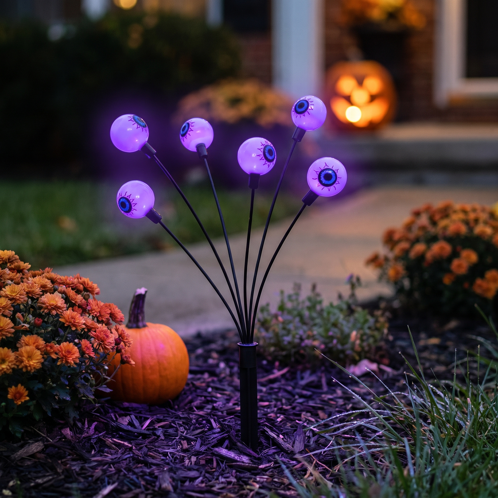 Close-up of a purple solar eyeball stake light in a Halloween flower bed