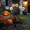 Close-up of a warm white solar eyeball stake light in a Halloween flower bed