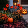 Close-up of a red solar eyeball stake light in a Halloween flower bed