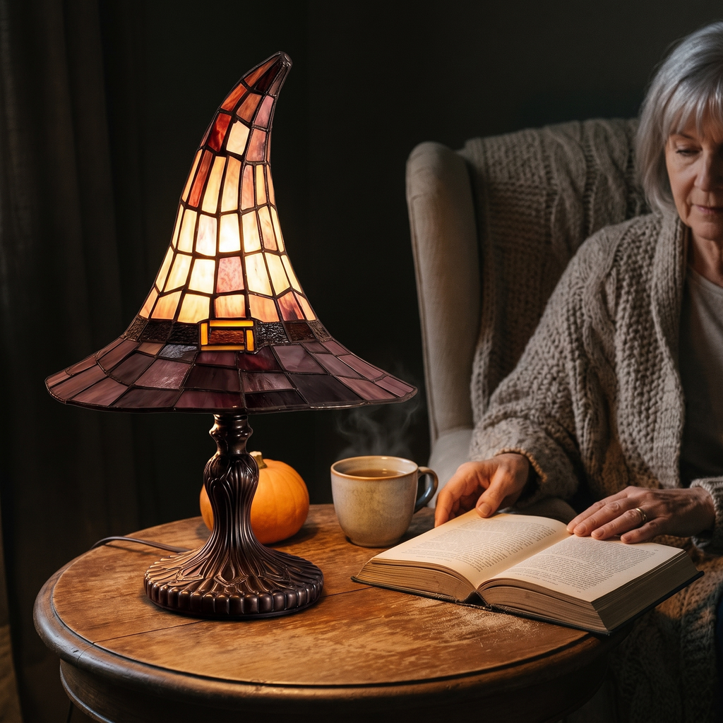 Witch hat lamp glowing on a side table in a cozy reading corner in October