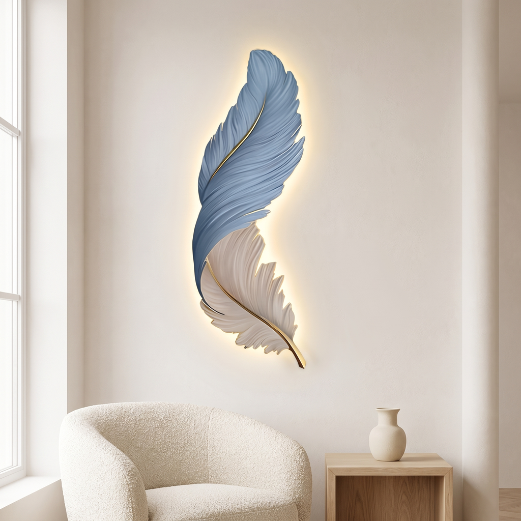 LED wall art feather wall light, blue and white, in a living room