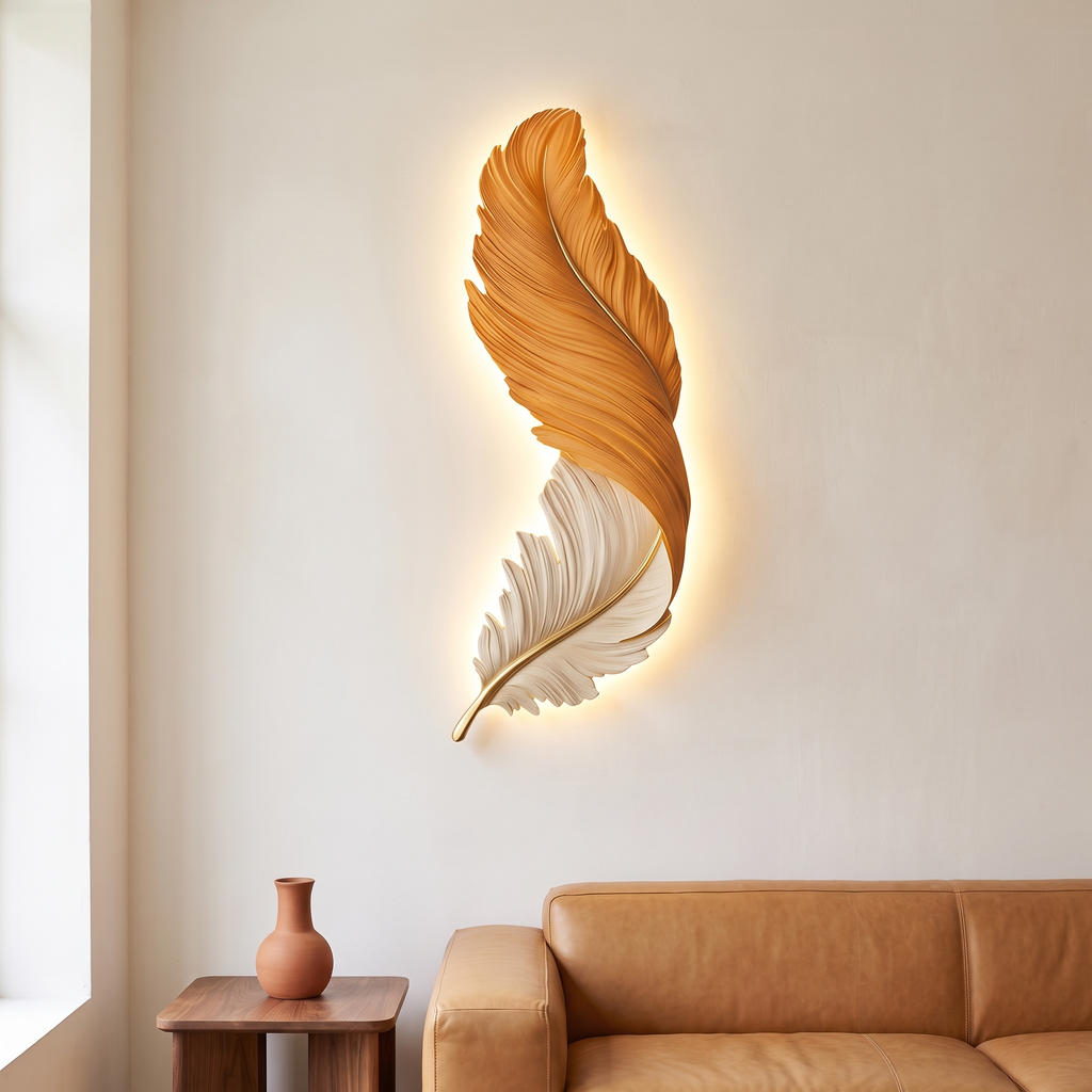 LED wall art feather wall light, orange and white, in a living room