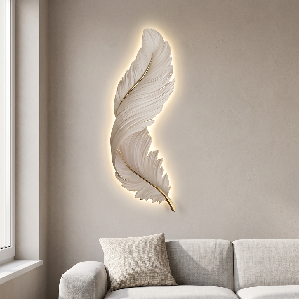 LED wall art feather wall light, white, above a sofa